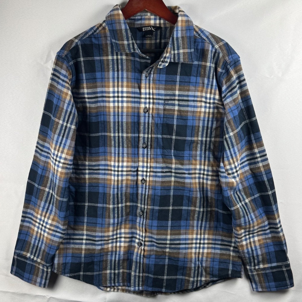 Eddie Bauer Mens Large Blue Brown Plaid Flannel Button Down Shirt Long Sleeve